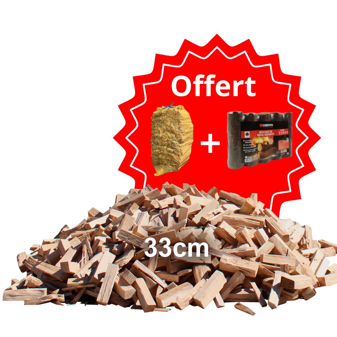 Bûches de 33 cm en vrac (hêtre) + briquettes et bois d'allumage offert