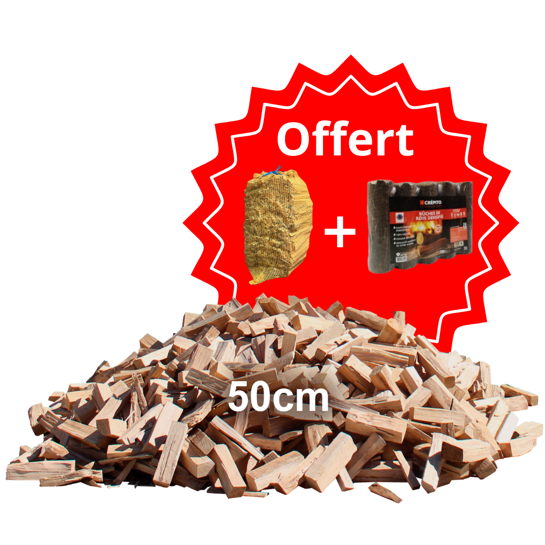 Bûches de 50 cm en vrac (hêtre) + briquettes et bois d'allumage offert