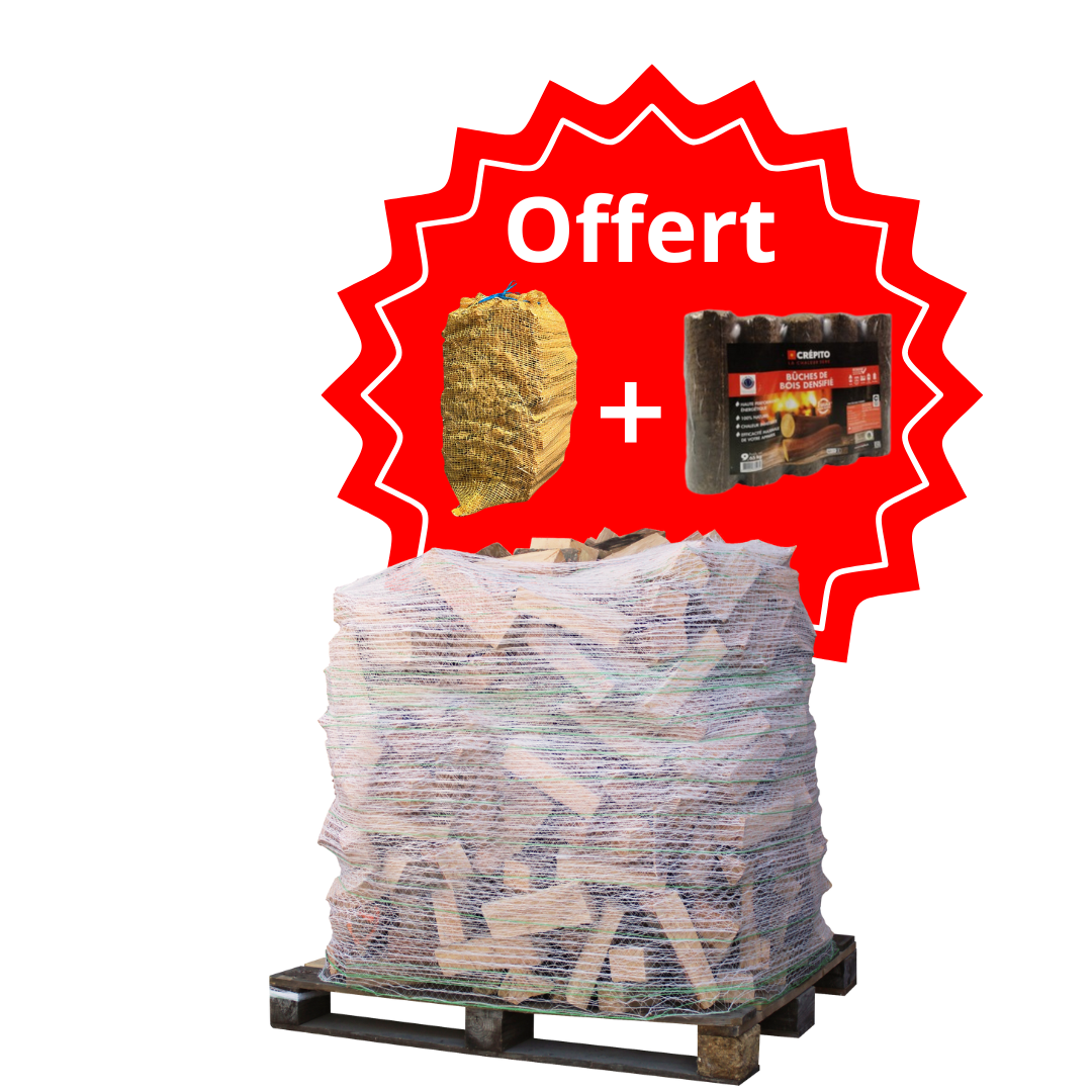 Bûches de 33 cm sur palette (hêtre) + briquettes et bois d'allumage offert