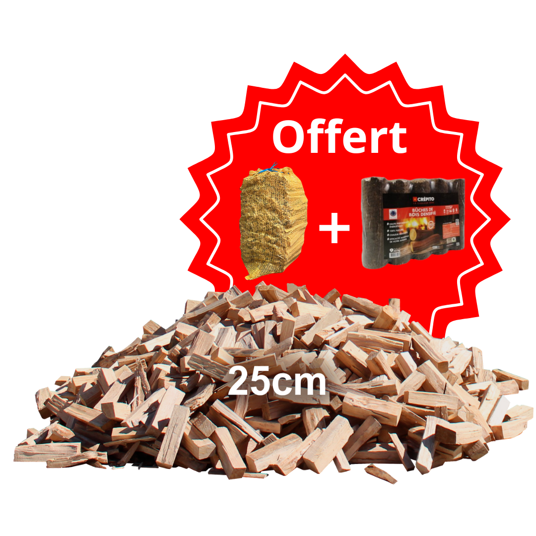 Bûches de 25cm en vrac (hêtre) + briquettes et bois d'allumage offert